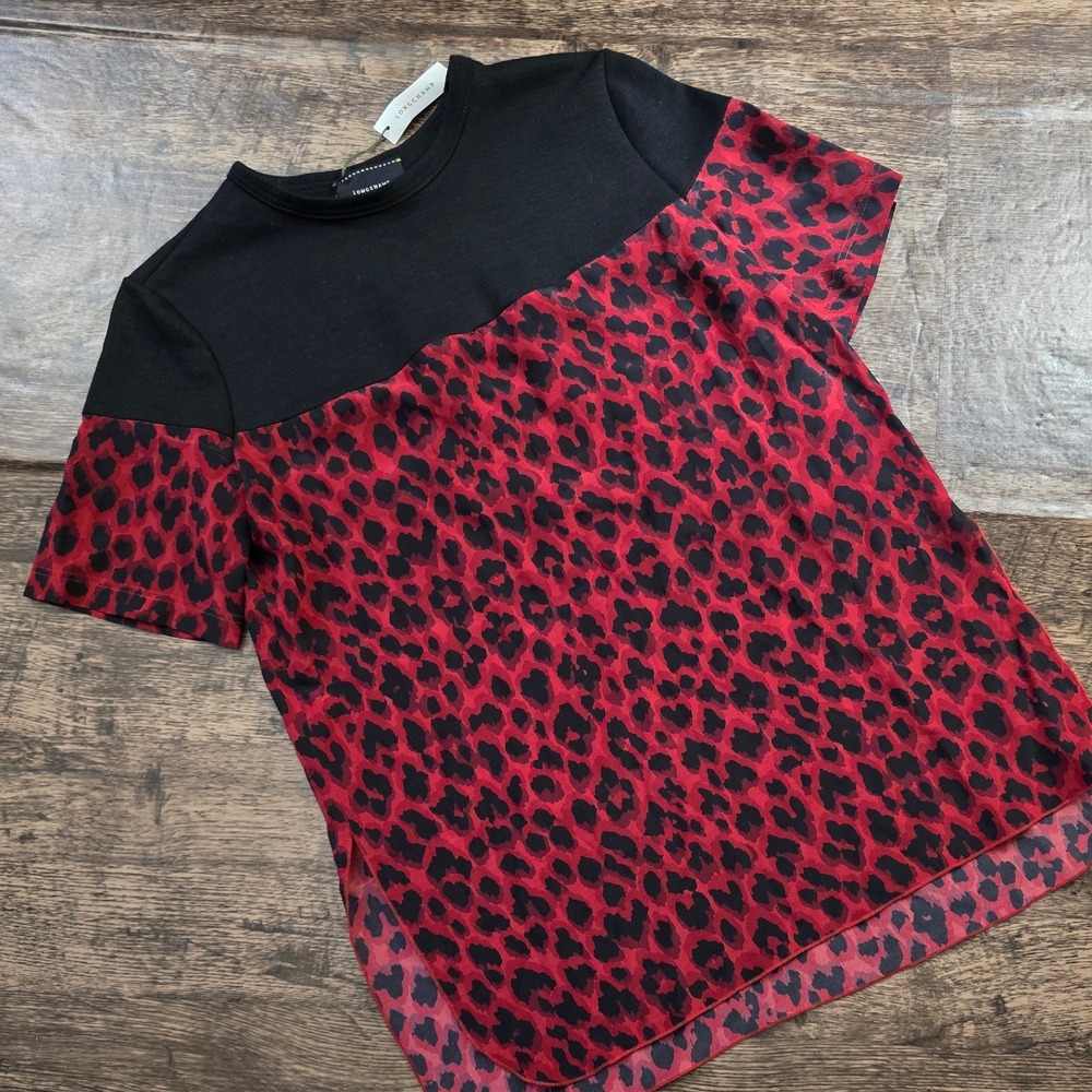 LONGCHAMP Silk Cashmere Top Women 36 Red Black NWT‎ Leopard Print Mixed Media